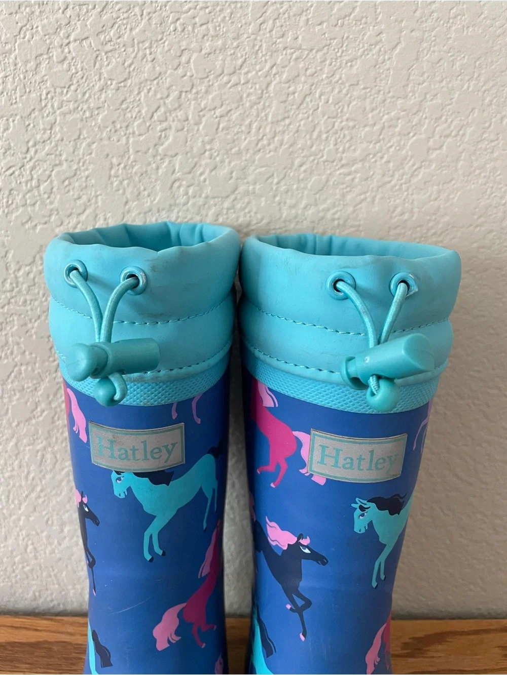 Hatley Blue Rain Boots with Teal, Pink & Black Unicorn Print